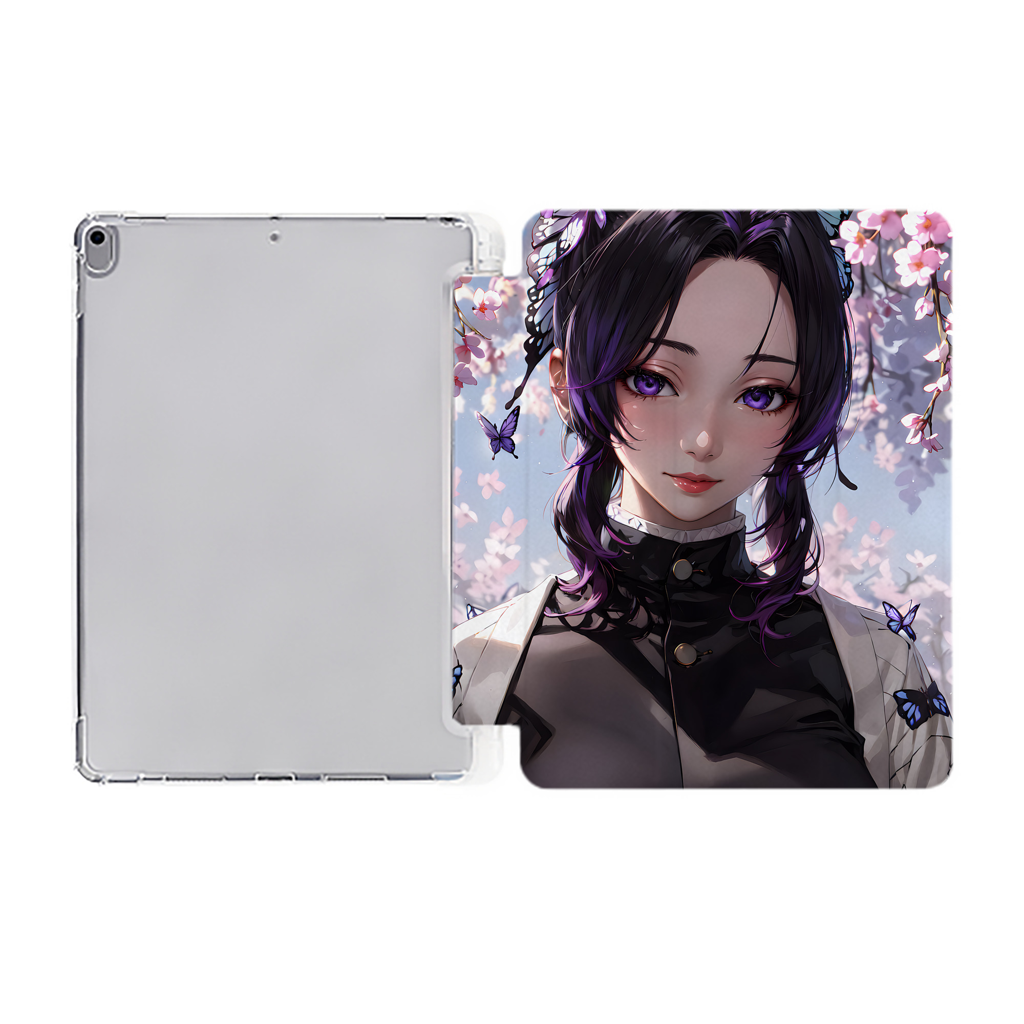（画像用） 鬼滅の刃（きめつのやいば）蟲柱-胡蝶 しのぶ／こちょう しのぶ Kochou Shinobu IPad ケース ペン収納付き 三つ折りスタンド PUレザー×シリコン 対応機種9.5/10.5/10.9インチ